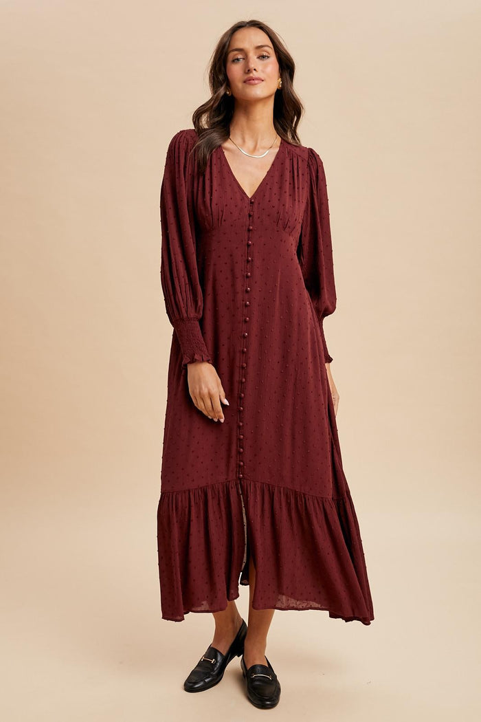 Burgundy Swiss Dot Button Down Maternity Maxi Dress