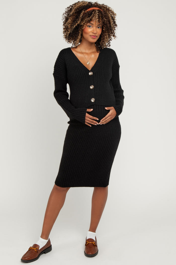 Black Knit Maternity Cardi And Skirt Set