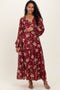 Burgundy Smocked Floral Maternity Midi Dress