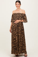 Leopard Print Pleated Ruffle Off Shoulder Maternity Maxi Dress