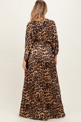 Leopard Pleated V Neck Satin Maternity Maxi Dress