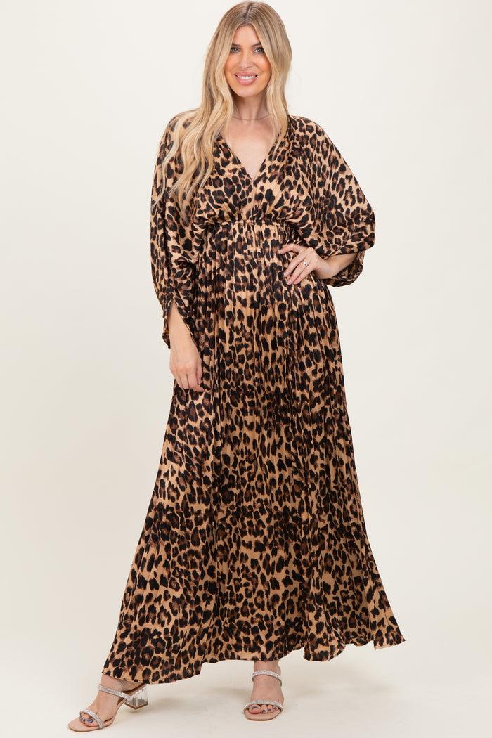 Leopard Pleated V Neck Satin Maternity Maxi Dress