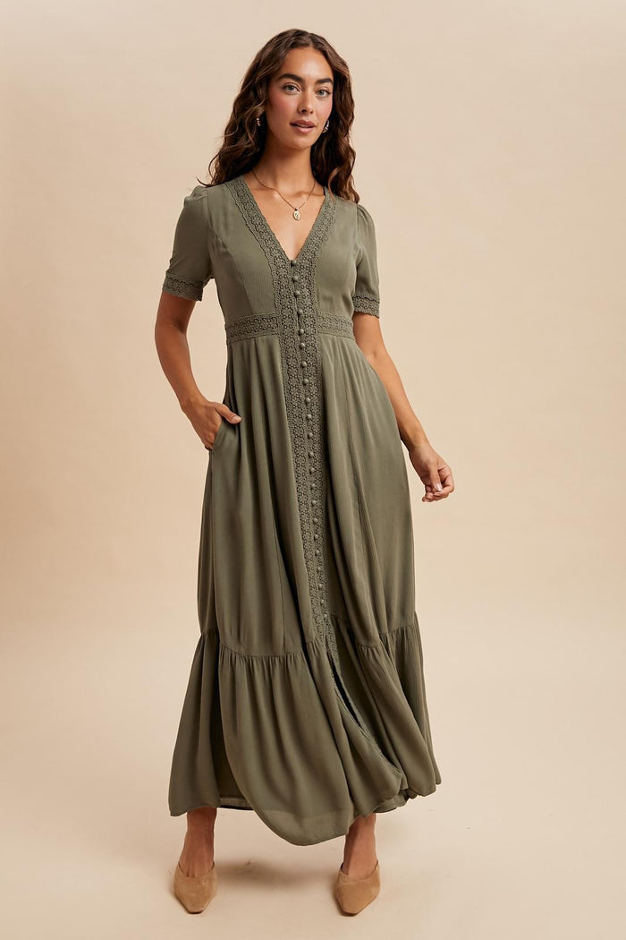 Olive Lace Trim Button Down Maternity Maxi Dress