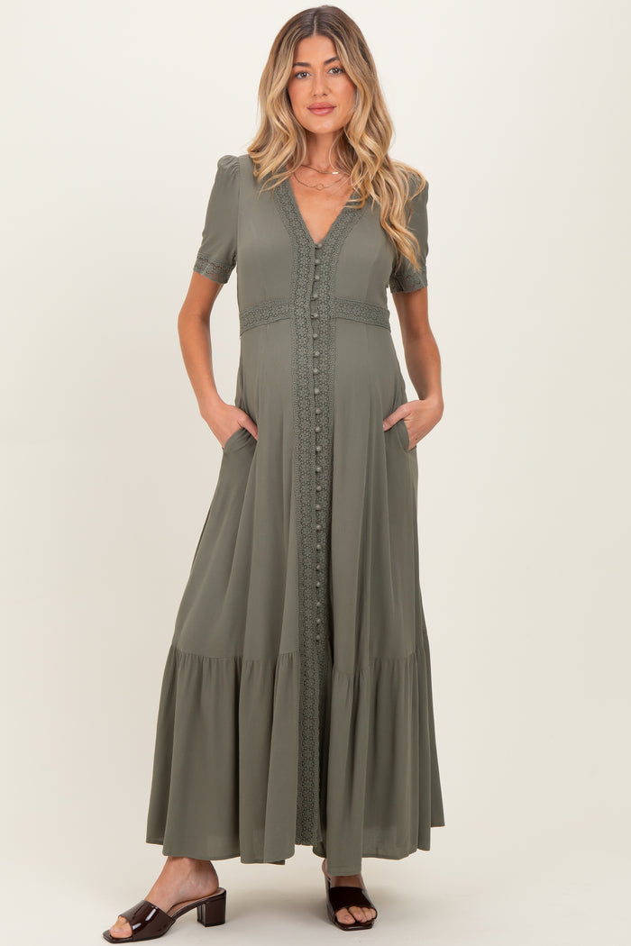Olive Lace Trim Button Down Maternity Maxi Dress