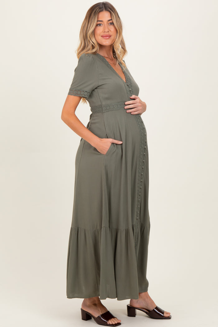 Olive Lace Trim Button Down Maternity Maxi Dress
