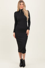 Black Turtle Neck Long Sleeve Rib Fitted Midi Dress