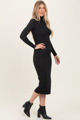 Black Turtle Neck Long Sleeve Rib Fitted Midi Dress