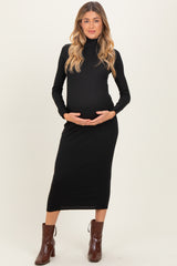 Black Turtle Neck Long Sleeve Rib Fitted Maternity Midi Dress