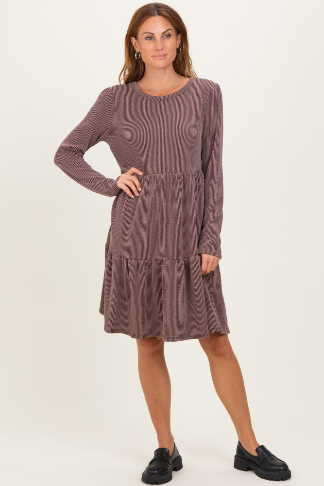 Brown Textured Rib Tiered Long Sleeve Maternity Dress