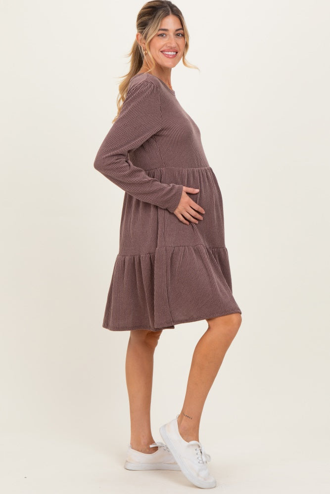 Brown Textured Rib Tiered Long Sleeve Maternity Dress