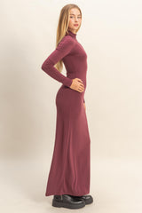 Burgundy Turtleneck Long Sleeve Maxi Dress