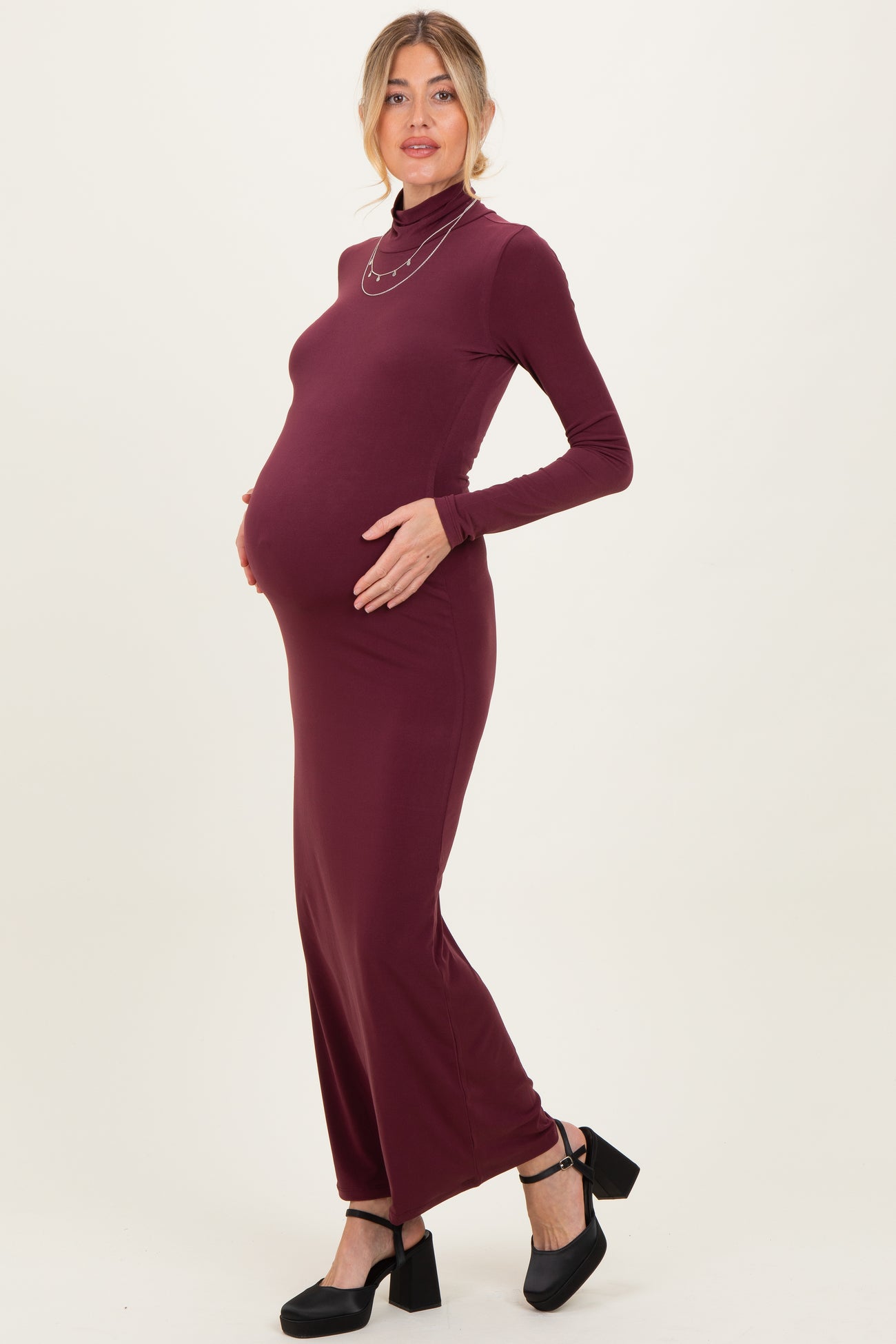 Burgundy Turtleneck Long Sleeve Maternity Maxi Dress