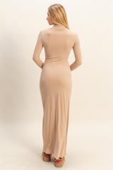 Beige Turtleneck Long Sleeve Maxi Dress