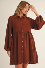 Brown Tiered Back Detail Button Down Dress