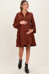 Brown Tiered Back Detail Button Down Maternity Dress