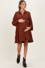 Brown Tiered Back Detail Button Down Maternity Dress