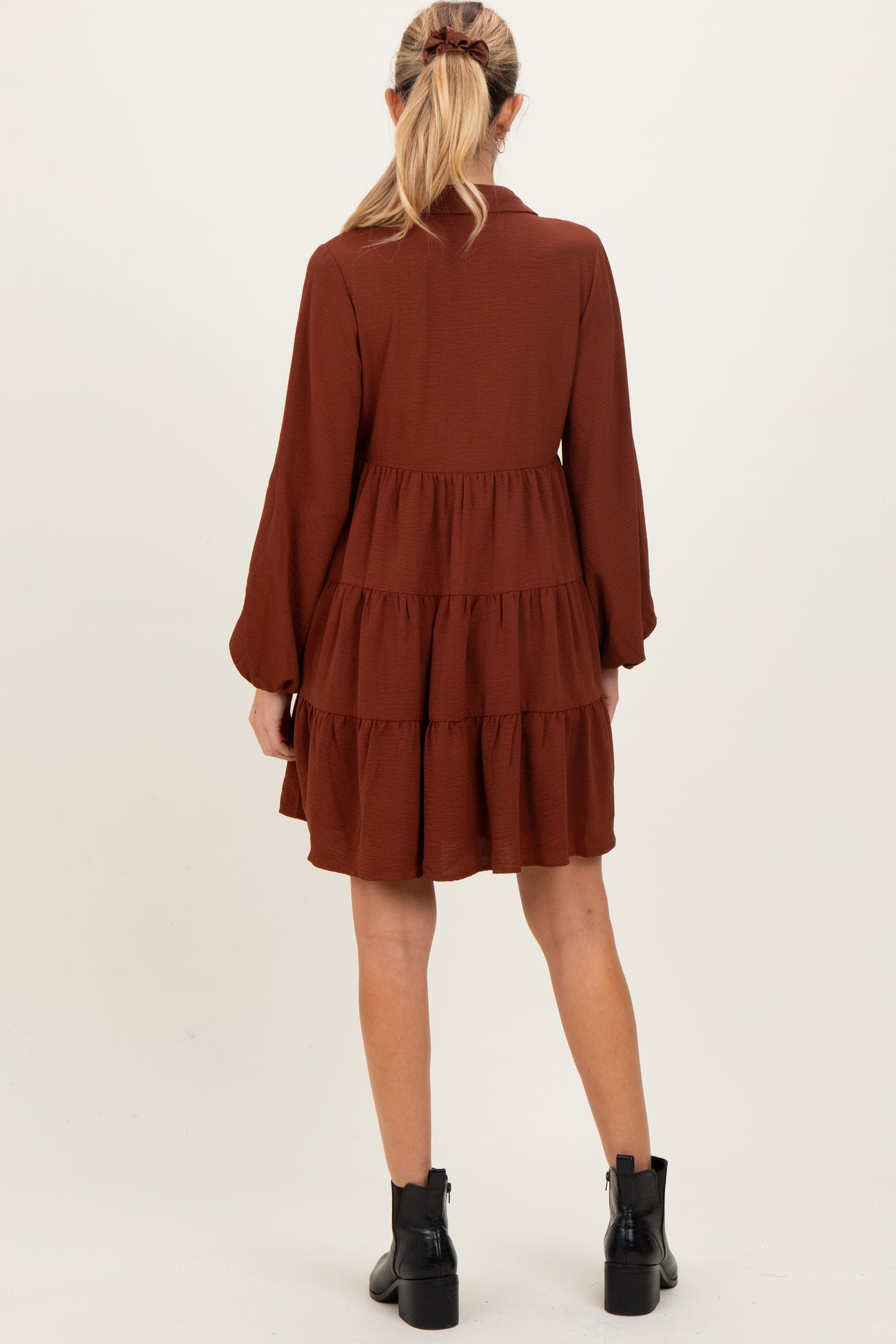 Brown Tiered Back Detail Button Down Maternity Dress