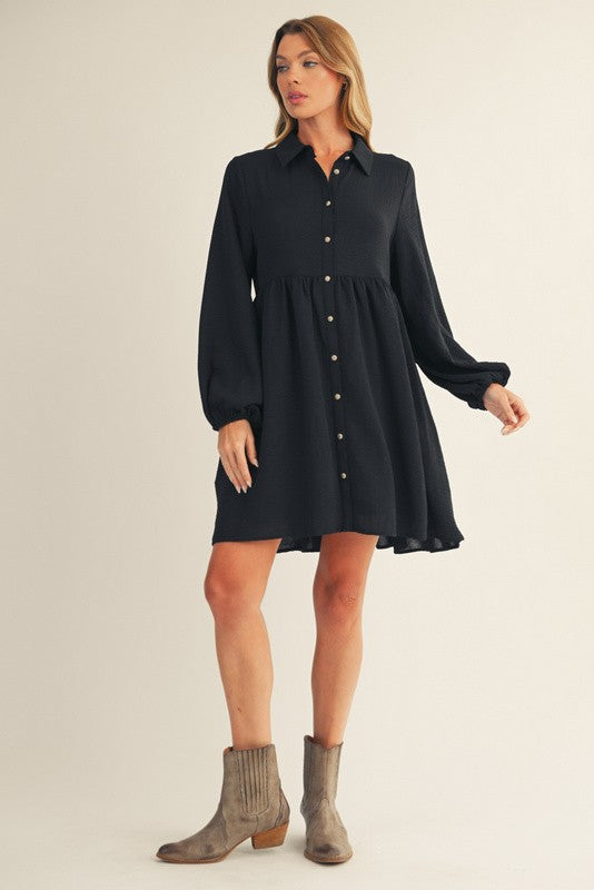Black Tiered Back Detail Button Down Dress