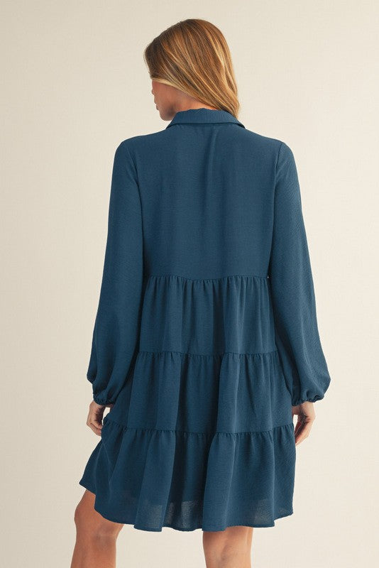 Dark Teal Tiered Back Detail Button Down Dress