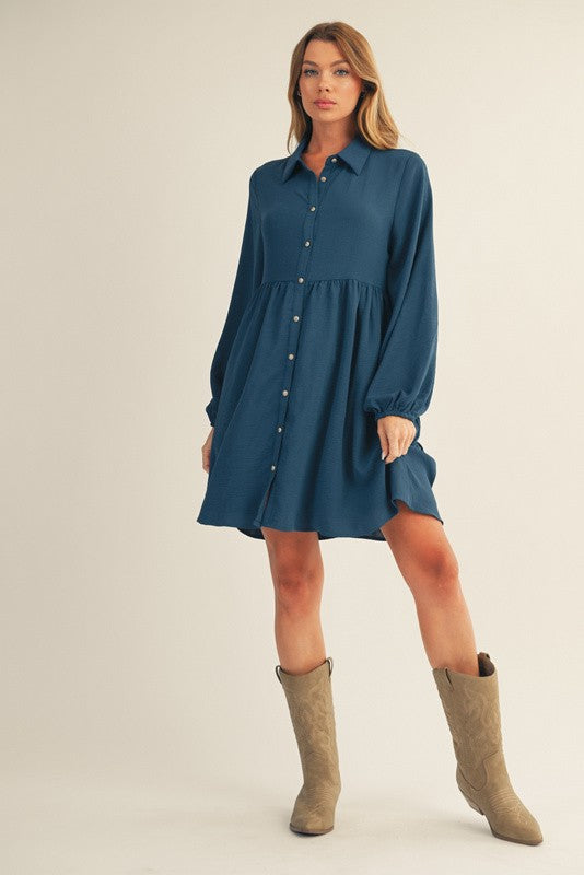 Dark Teal Tiered Back Detail Button Down Dress