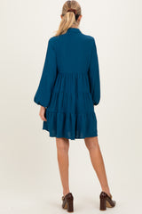 Dark Teal Tiered Back Detail Button Down Maternity Dress