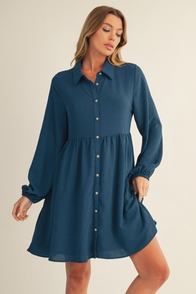 Dark Teal Tiered Back Detail Button Down Maternity Dress