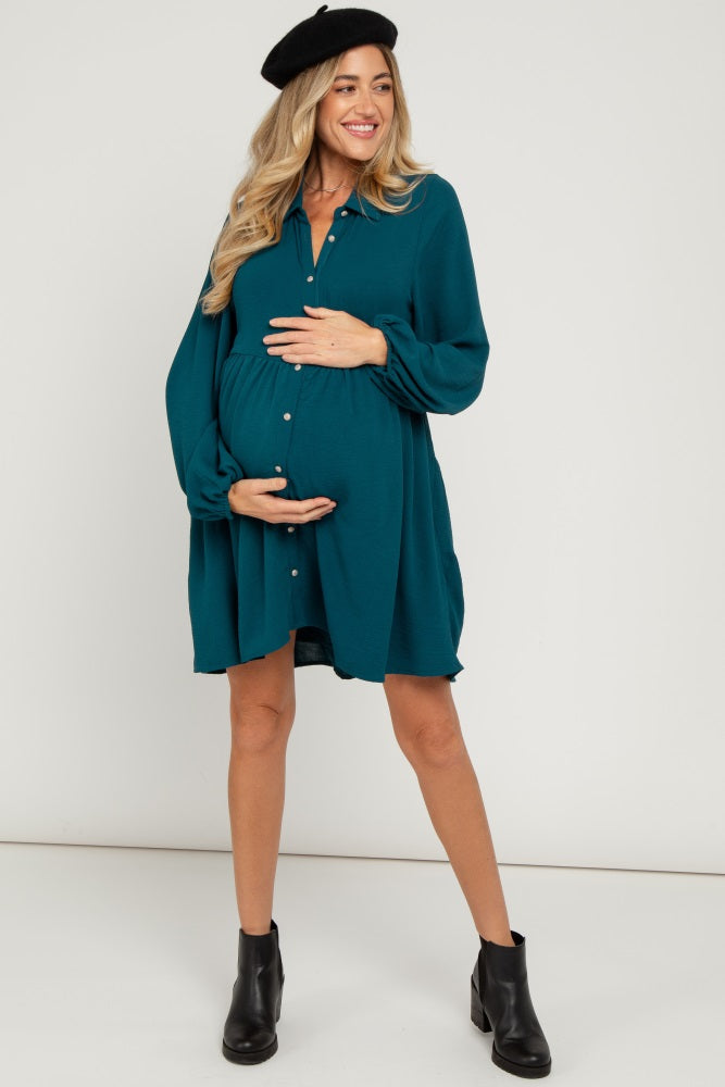 Dark Teal Tiered Back Detail Button Down Maternity Dress