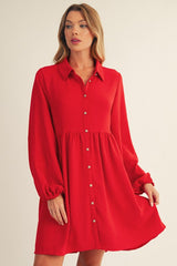 Red Tiered Back Detail Button Down Dress