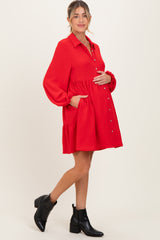 Red Tiered Back Detail Button Down Maternity Dress