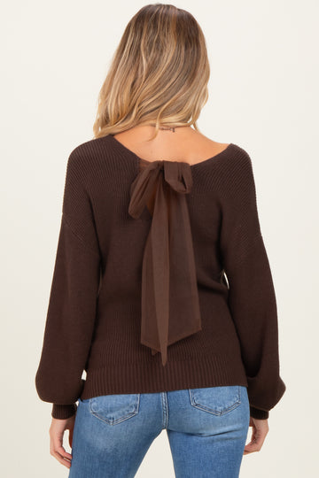 Brown V-Neck Drop Shoulder Back Bow Tie Detail Maternity Sweater