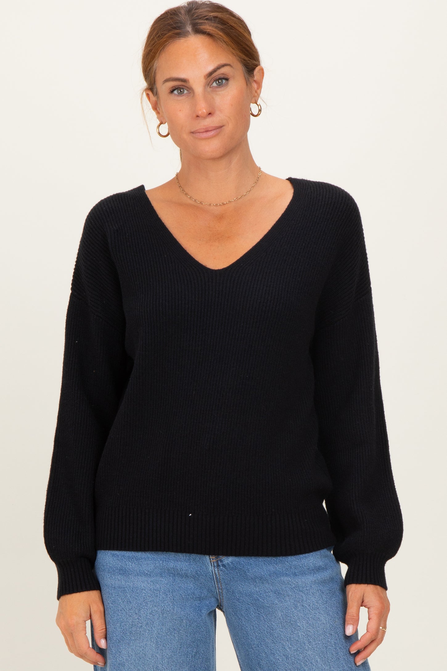 Black V-Neck Drop Shoulder Back Bow Tie Detail Sweater