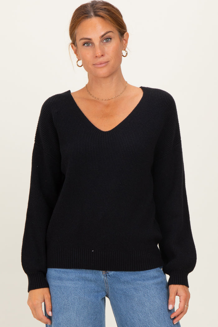 Black V-Neck Drop Shoulder Back Bow Tie Detail Sweater