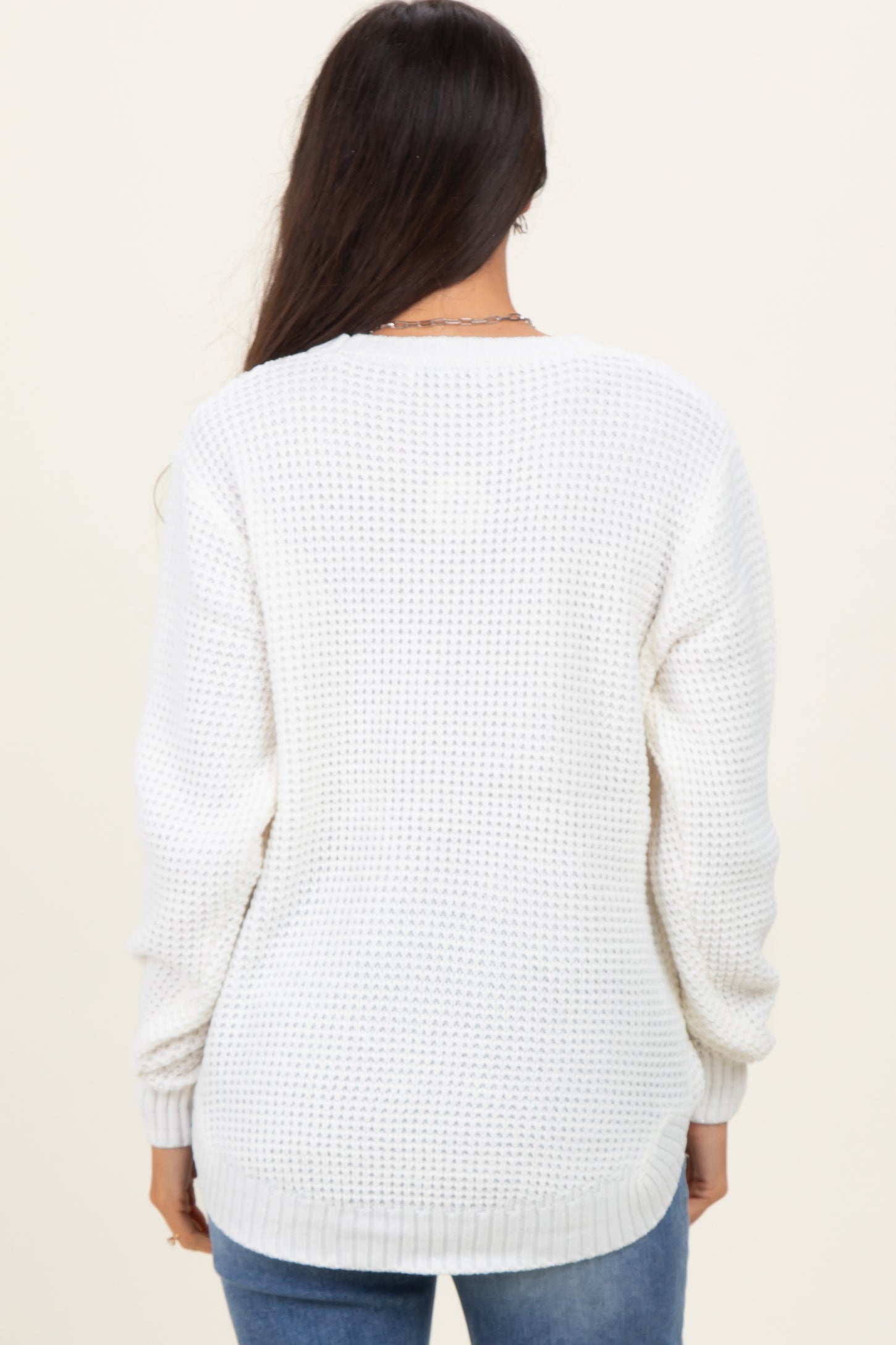 Ivory Waffle Knit Rounded Hem Sweater