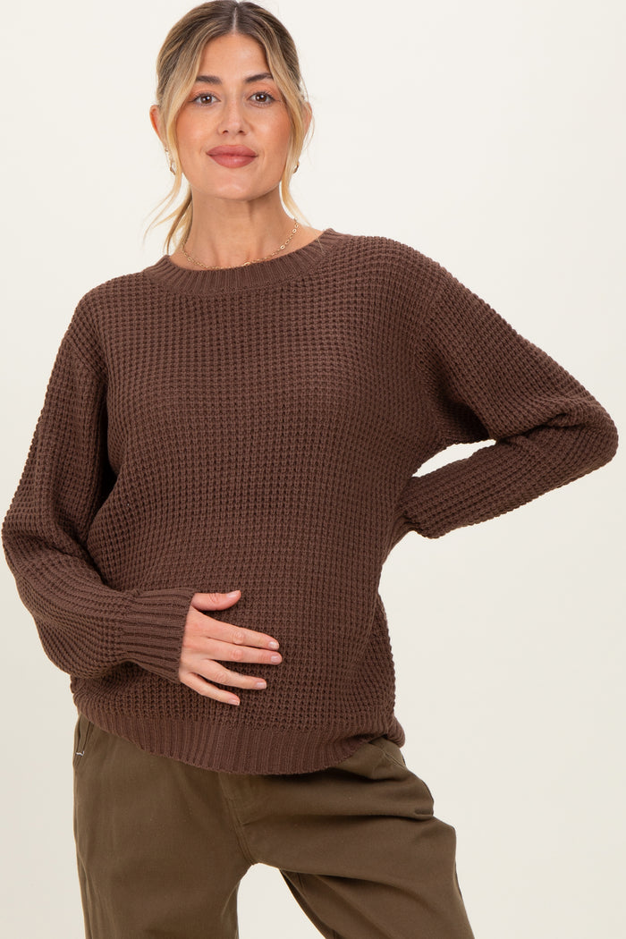 Dark Mocha Waffle Knit Rounded Hem Maternity Sweater
