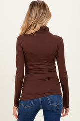 Brown Brushed Knit Basic Turtleneck Maternity Top