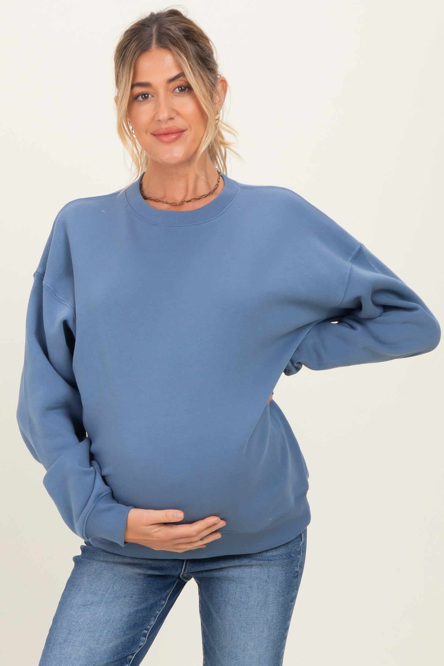 Dusty Blue Fleece Crew Neck Relaxed Fit Maternity Sweatshirt