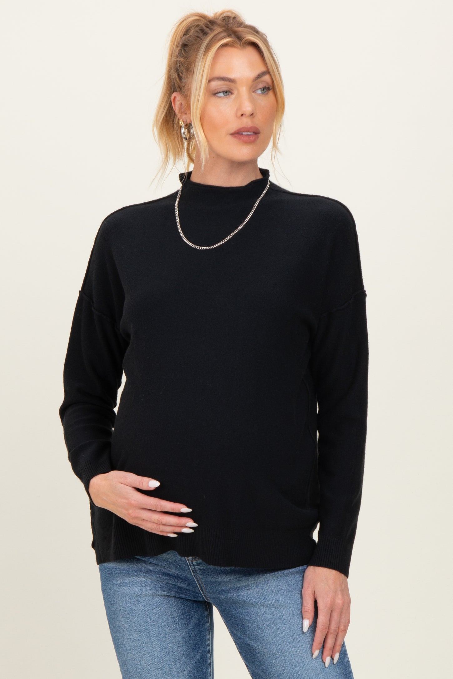 Black Mock Neck Exposed Seam Maternity Sweater