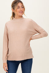 Beige Mock Neck Exposed Seam Maternity Sweater