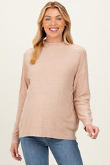 Beige Mock Neck Exposed Seam Maternity Sweater