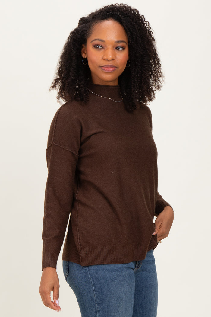 Brown Mock Neck Exposed Seam Sweater