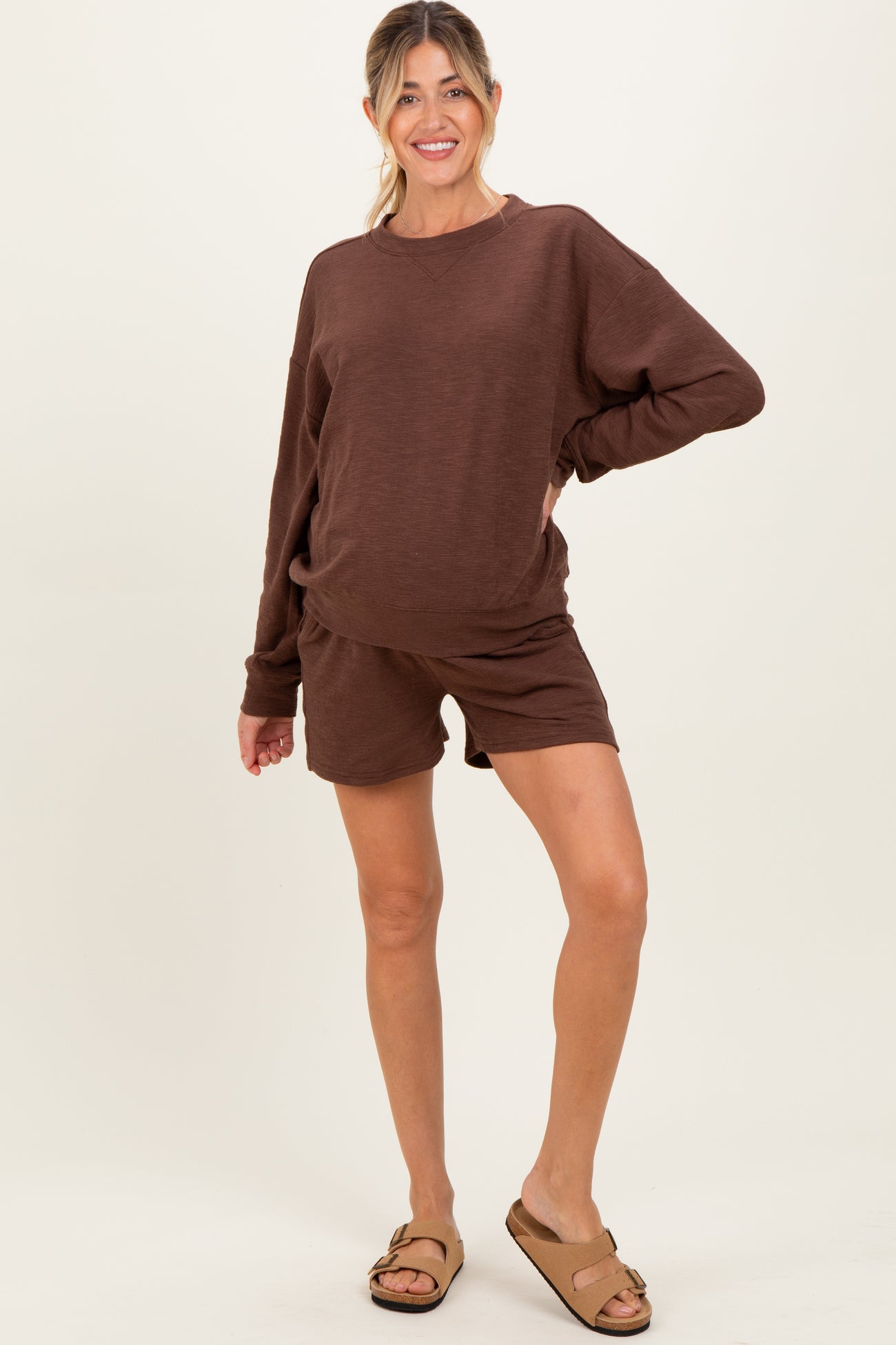 Brown Maternity Pullover & Shorts Set