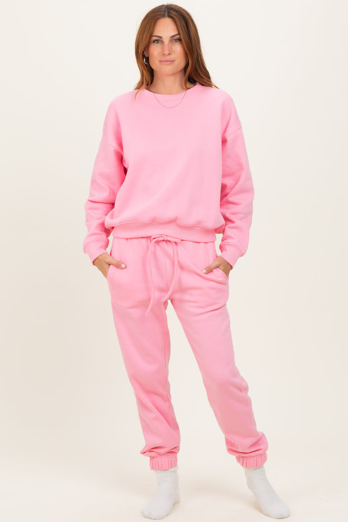 Pink Fleece Long Sleeve Maternity Pullover & Jogger Set