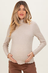 Beige Ribbed Mock Neck Ruffle Hem Maternity Long Sleeve Top