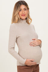 Beige Ribbed Mock Neck Ruffle Hem Maternity Long Sleeve Top