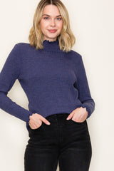 Navy Ribbed Mock Neck Ruffle Hem Long Sleeve Top