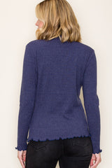 Navy Ribbed Mock Neck Ruffle Hem Long Sleeve Top