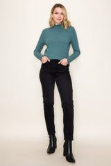 Jade Ribbed Mock Neck Ruffle Hem Long Sleeve Top