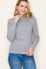 Heather Grey Ribbed Mock Neck Ruffle Hem Long Sleeve Top