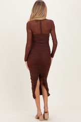Brown Mesh Ruched Long Sleeve Maternity Midi Dress