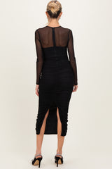 Black Mesh Ruched Long Sleeve Maternity Midi Dress